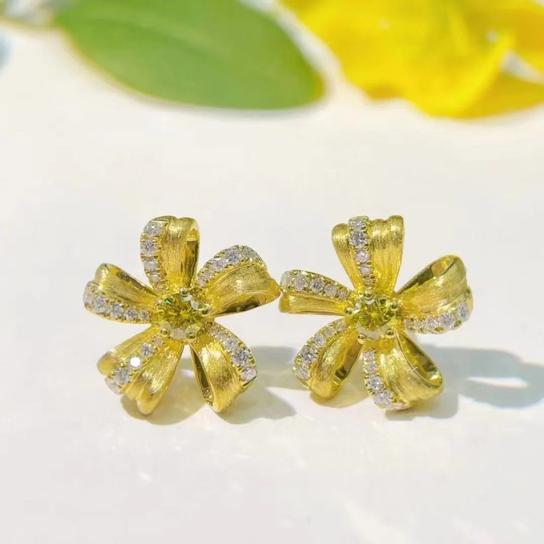 18k  Gold Natural Round Cut 0.39ct VS Fancy Intense Yellow Diamond studs