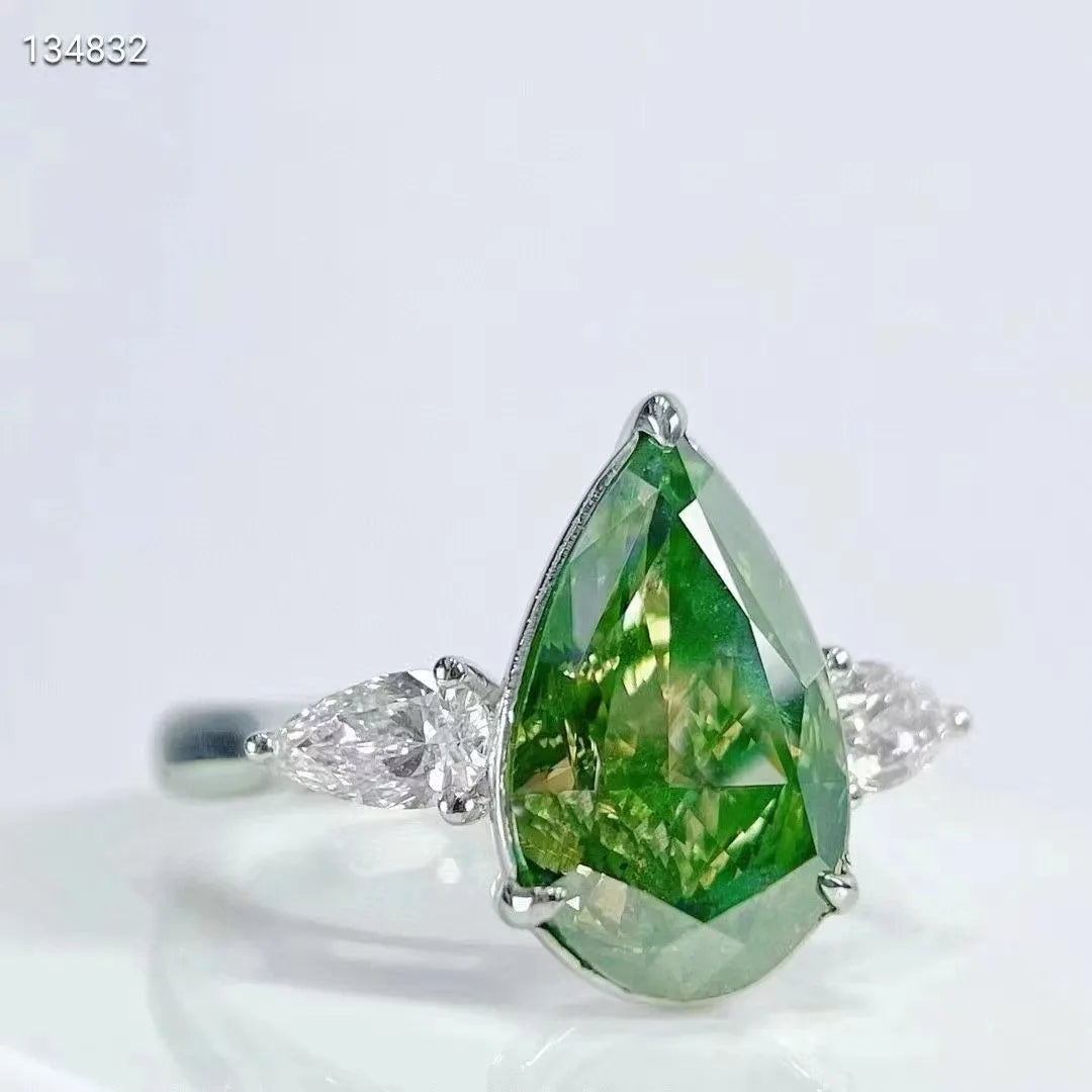 18K White Gold Ringd VS 5.023CT Pear Cut Natural Fancy Green Diamond Women Ring