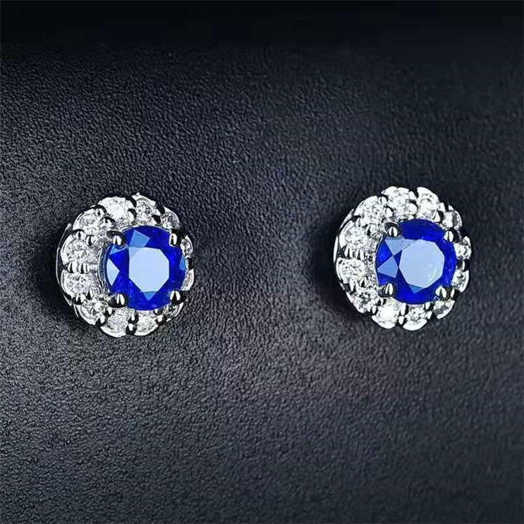 18K White Gold 0.94Ct Sri Lanka Natural Blue Sapphire Stud Earring