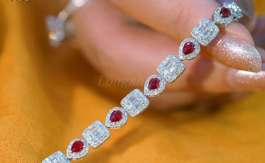 Pear Shape Ruby Diamond Bracelet | 18K Gold Square Baguette Design