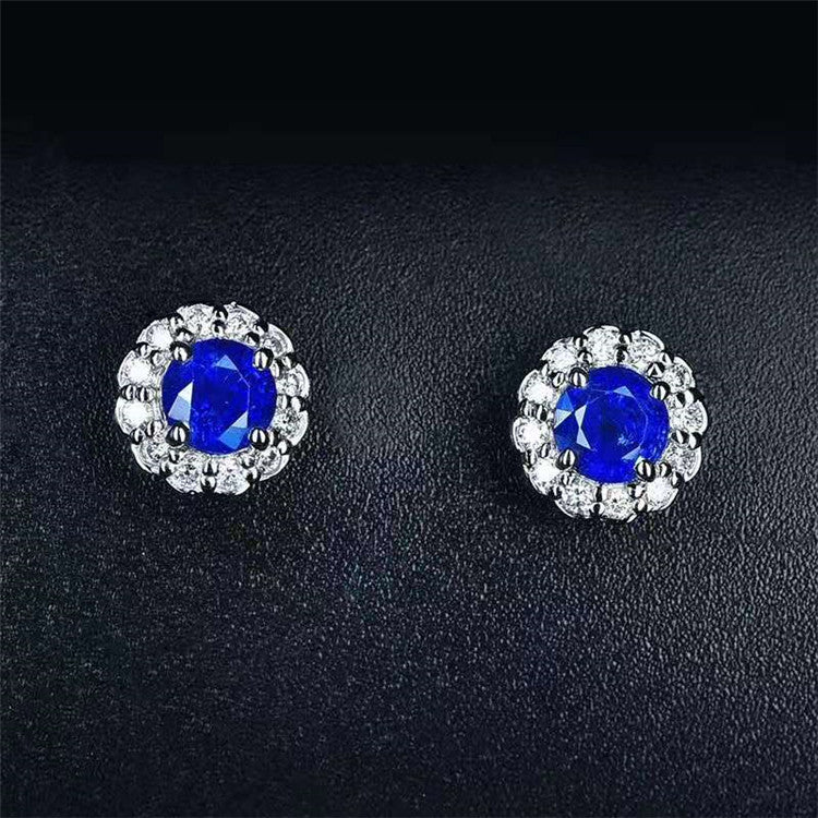 18K White Gold 0.94Ct Sri Lanka Natural Blue Sapphire Stud Earring