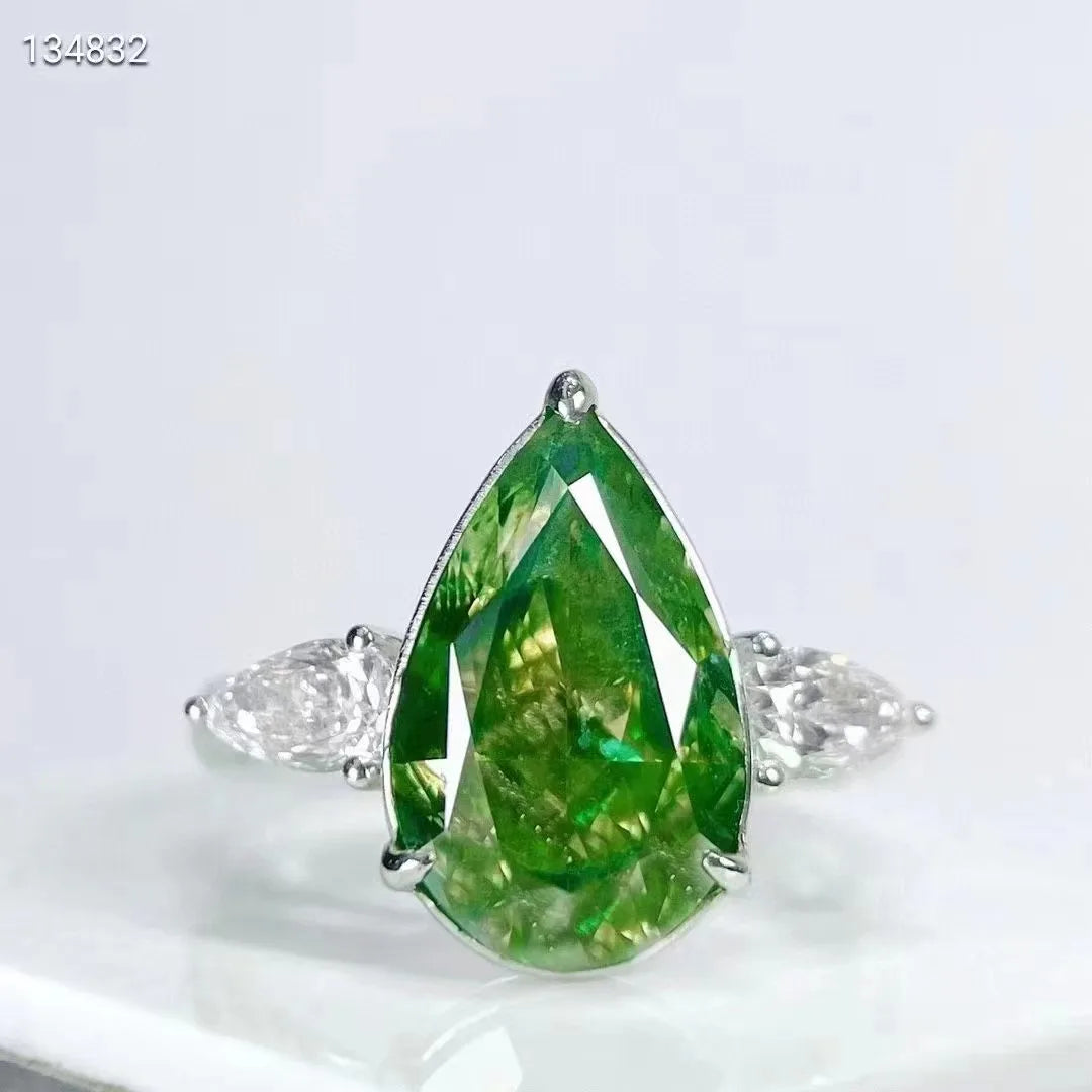 18K White Gold Ringd VS 5.023CT Pear Cut Natural Fancy Green Diamond Women Ring