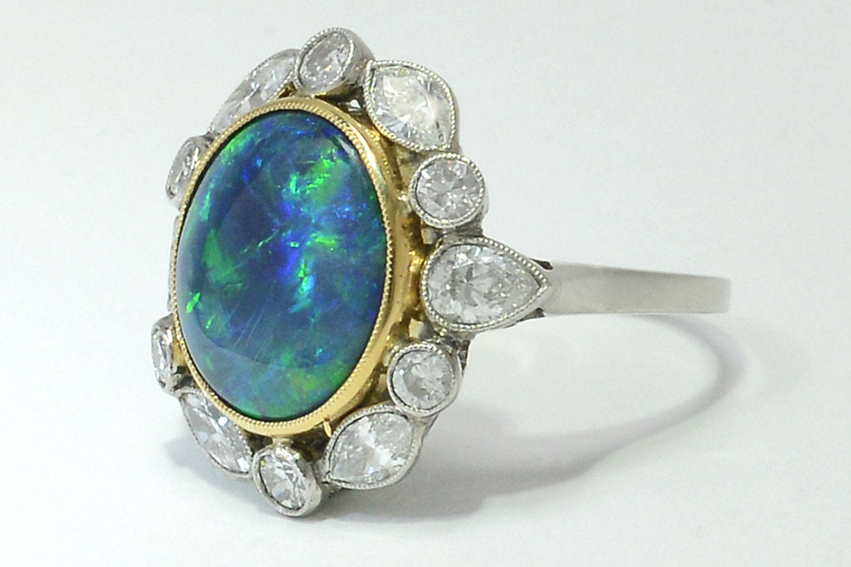 18k Gold 4.5ct Black Opal Diamond Cocktail Ring Lightning Ridge Vintage