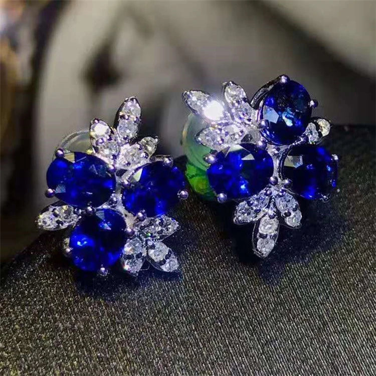 18K Gold  Natural Sapphire Earrings for Women Real Diamond Rhinestone Earrings