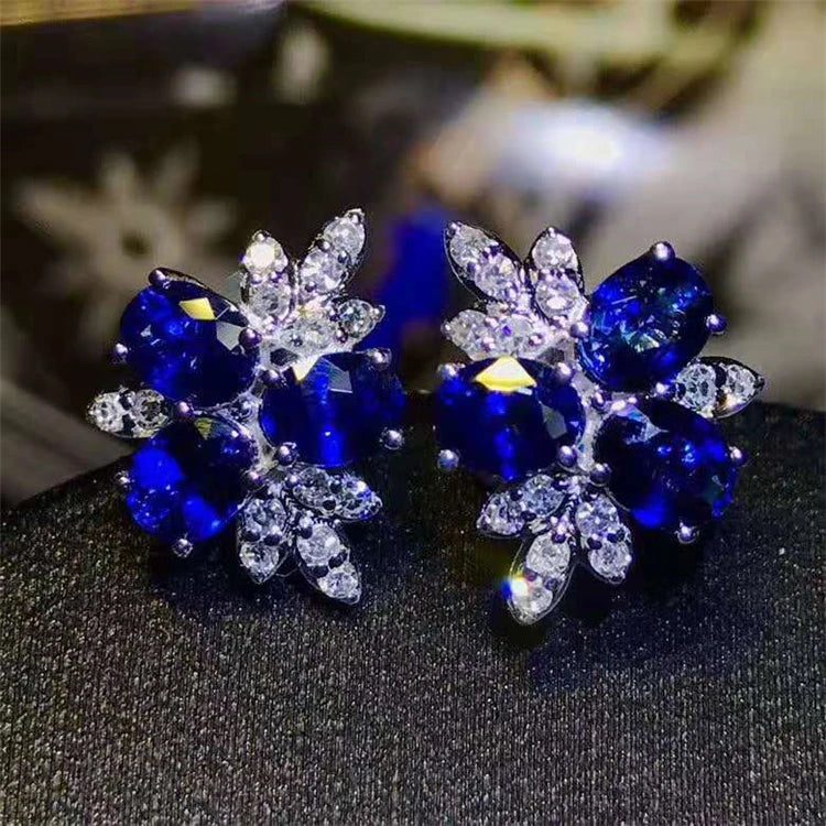18K Gold  Natural Sapphire Earrings for Women Real Diamond Rhinestone Earrings
