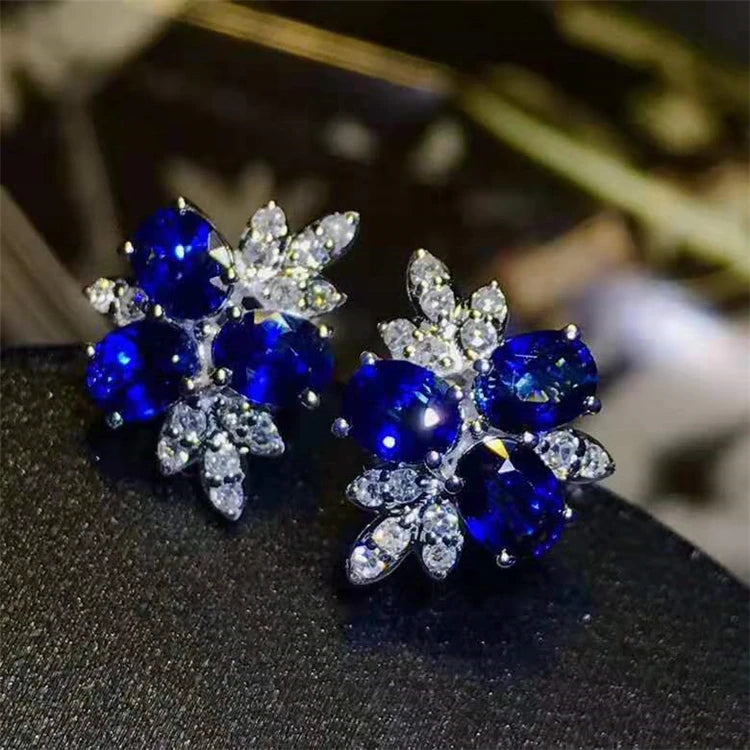 18K Gold  Natural Sapphire Earrings for Women Real Diamond Rhinestone Earrings