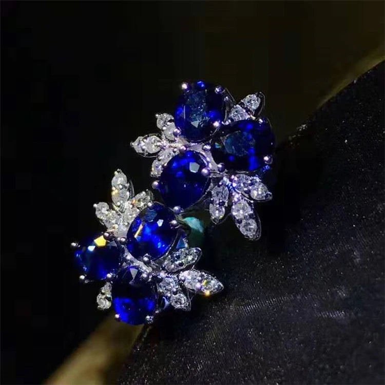 18K Gold  Natural Sapphire Earrings for Women Real Diamond Rhinestone Earrings