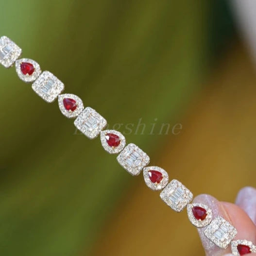 Pear Shape Ruby Diamond Bracelet | 18K Gold Square Baguette Design