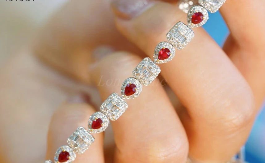 Pear Shape Ruby Diamond Bracelet | 18K Gold Square Baguette Design