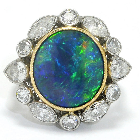 18k Gold 4.5ct Black Opal Diamond Cocktail Ring Lightning Ridge Vintage