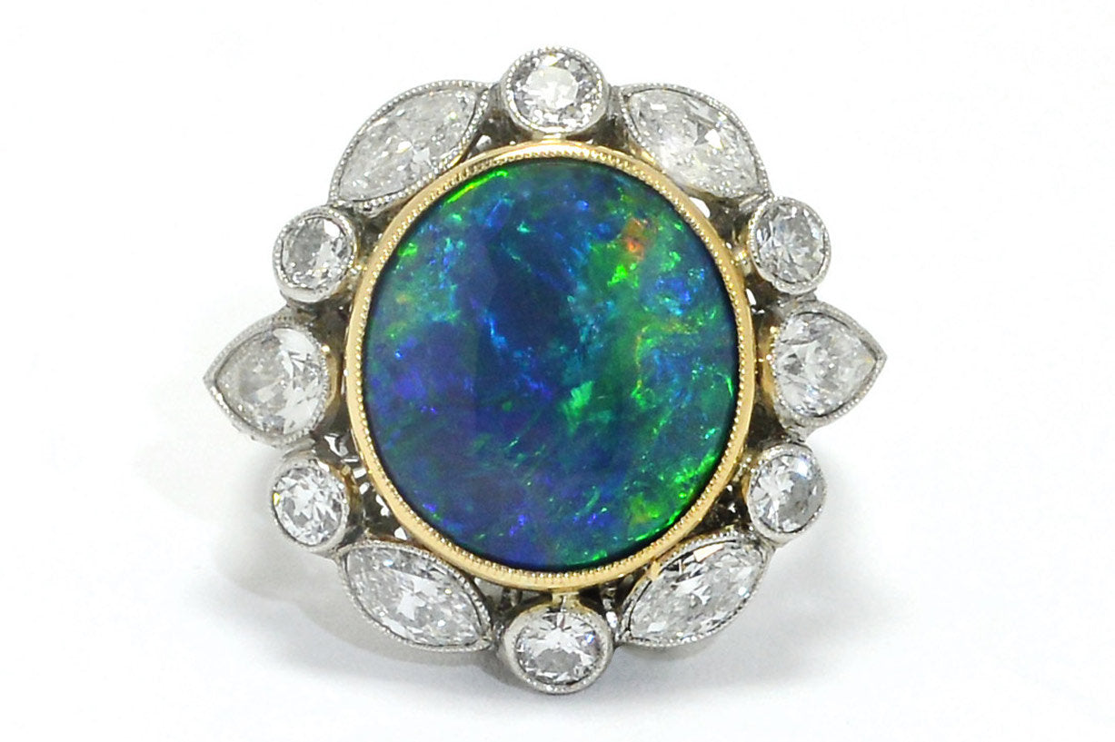 18k Gold 4.5ct Black Opal Diamond Cocktail Ring Lightning Ridge Vintage