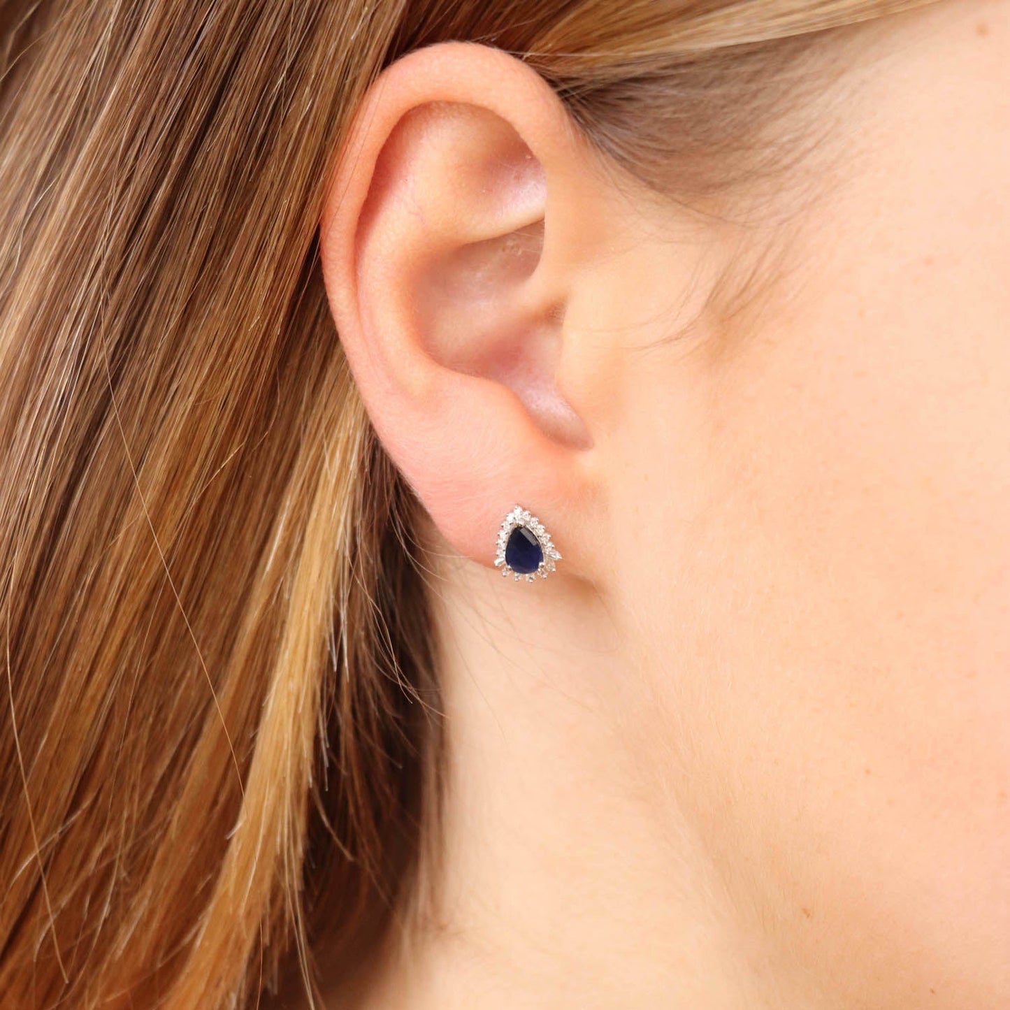 Blue Sapphire Pear Earrings With 0.12ct Diamonds In 9K White Gold