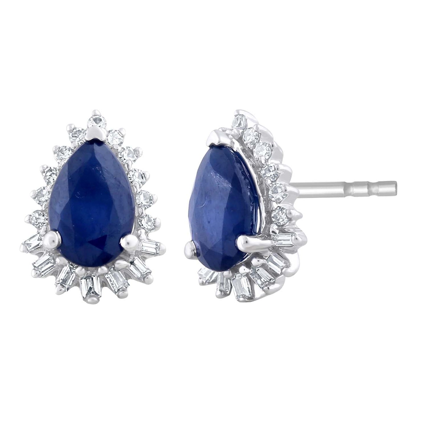 Blue Sapphire Pear Earrings With 0.12ct Diamonds In 9K White Gold