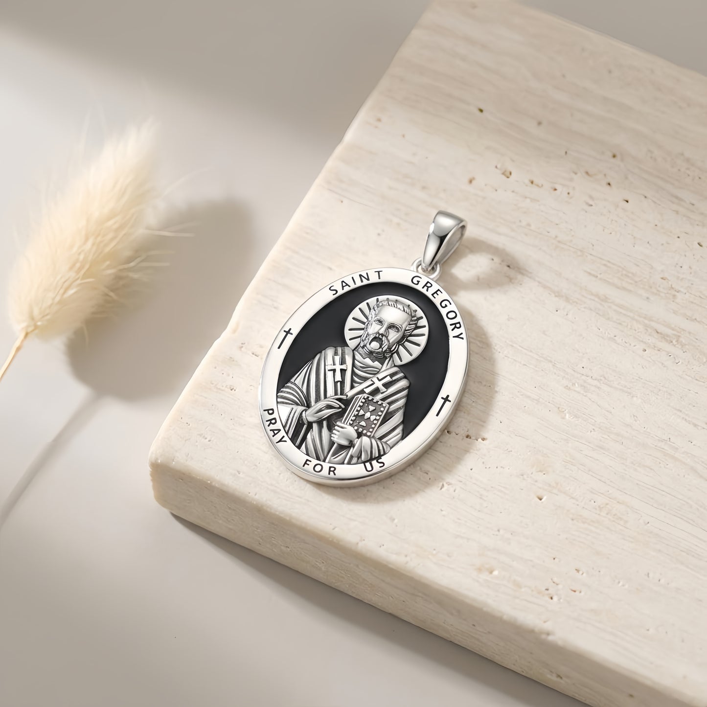 925 Sterling Silver Sterling  Saint Gregory Oval Pendant - Engraved Religious Jewelry with Crosses and Prayer Inscription