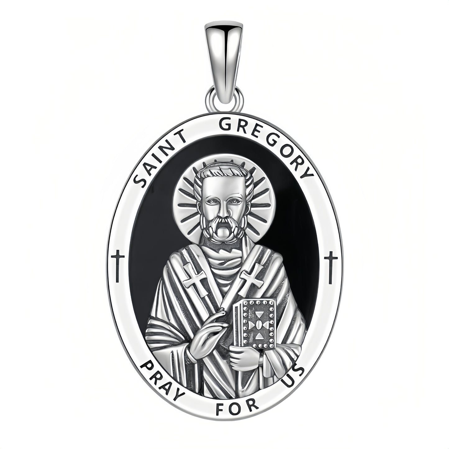 925 Sterling Silver Sterling  Saint Gregory Oval Pendant - Engraved Religious Jewelry with Crosses and Prayer Inscription