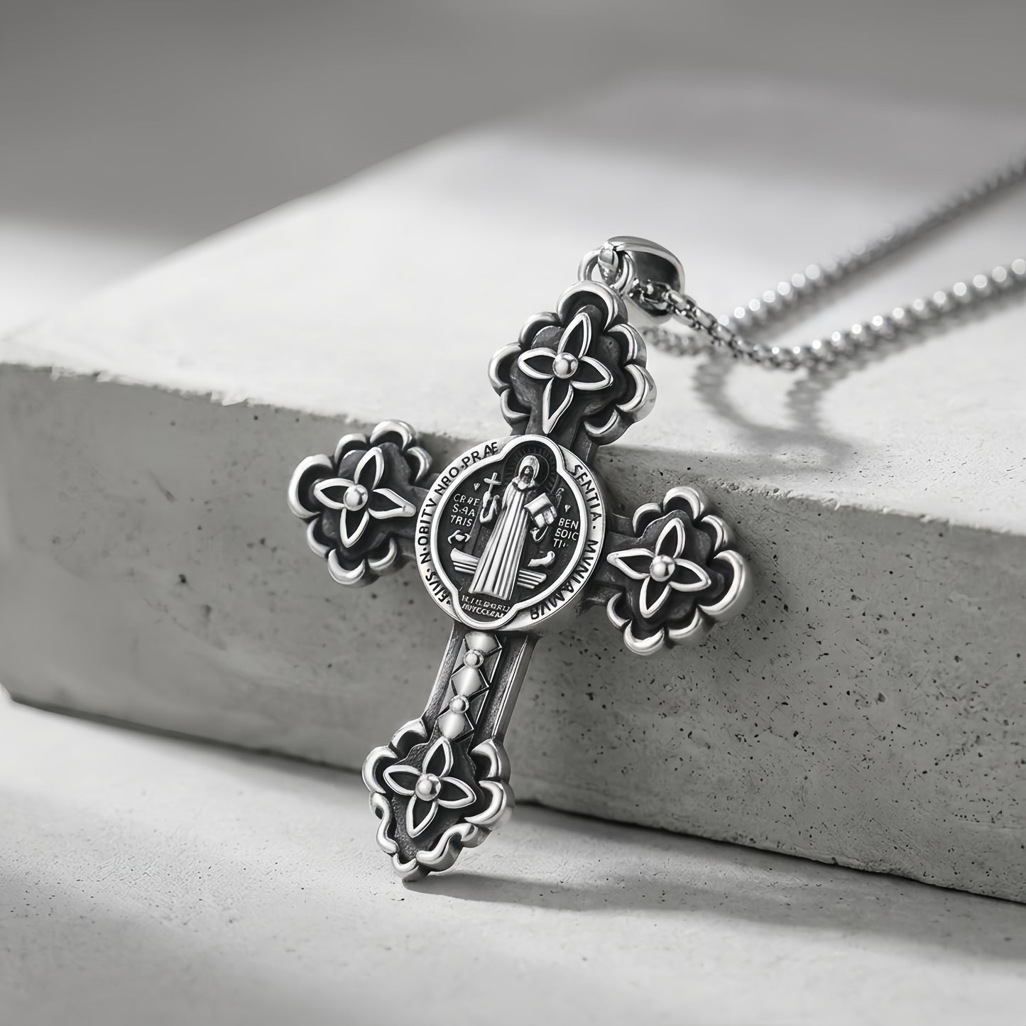 925 Sterling Silver Saint Benedict Cross Pendant Necklace Stainless Steel Chain Religious Jewelry Charm