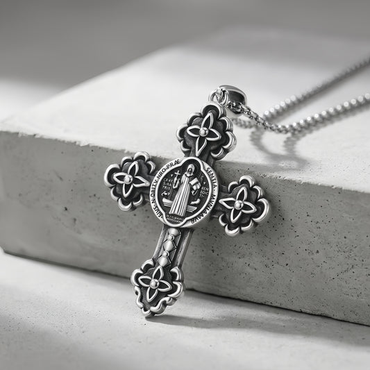 925 Sterling Silver Saint Benedict Cross Pendant Necklace Stainless Steel Chain Religious Jewelry Charm