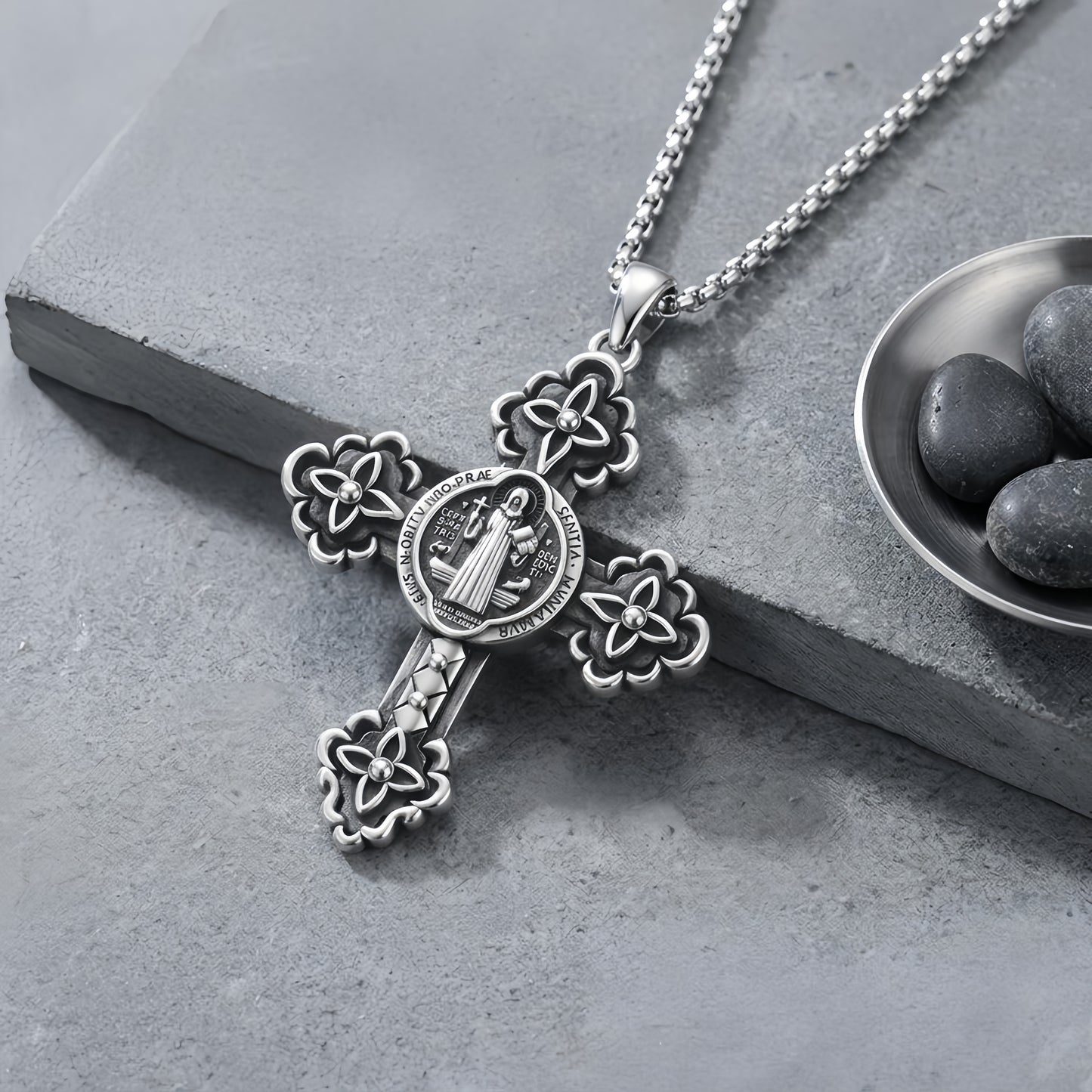 925 Sterling Silver Saint Benedict Cross Pendant Necklace Stainless Steel Chain Religious Jewelry Charm