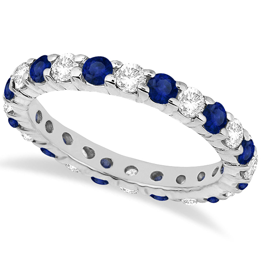 Anillo de banda de eternidad de diamantes y zafiros azules de oro blanco de 14k (2,35 ct)
