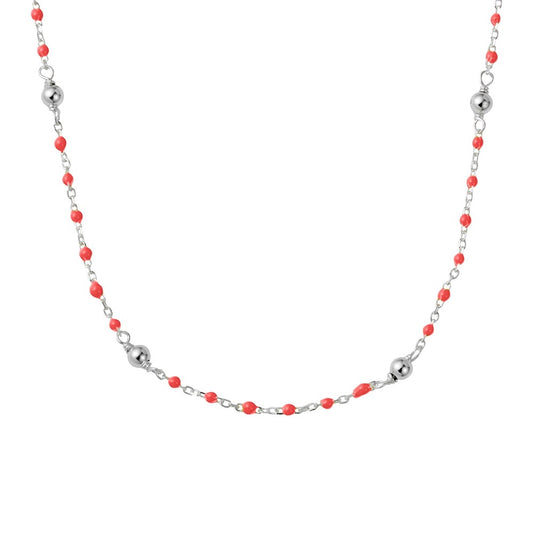 Sterling Silver short coral enamel necklace with beaded detail
