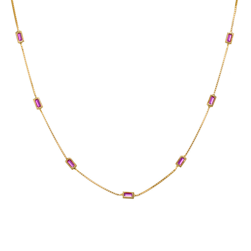 Sterling silver fine box chain necklace with multi baguette set ruby pink CZ