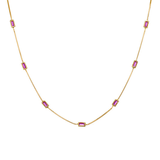 Sterling silver fine box chain necklace with multi baguette set ruby pink CZ