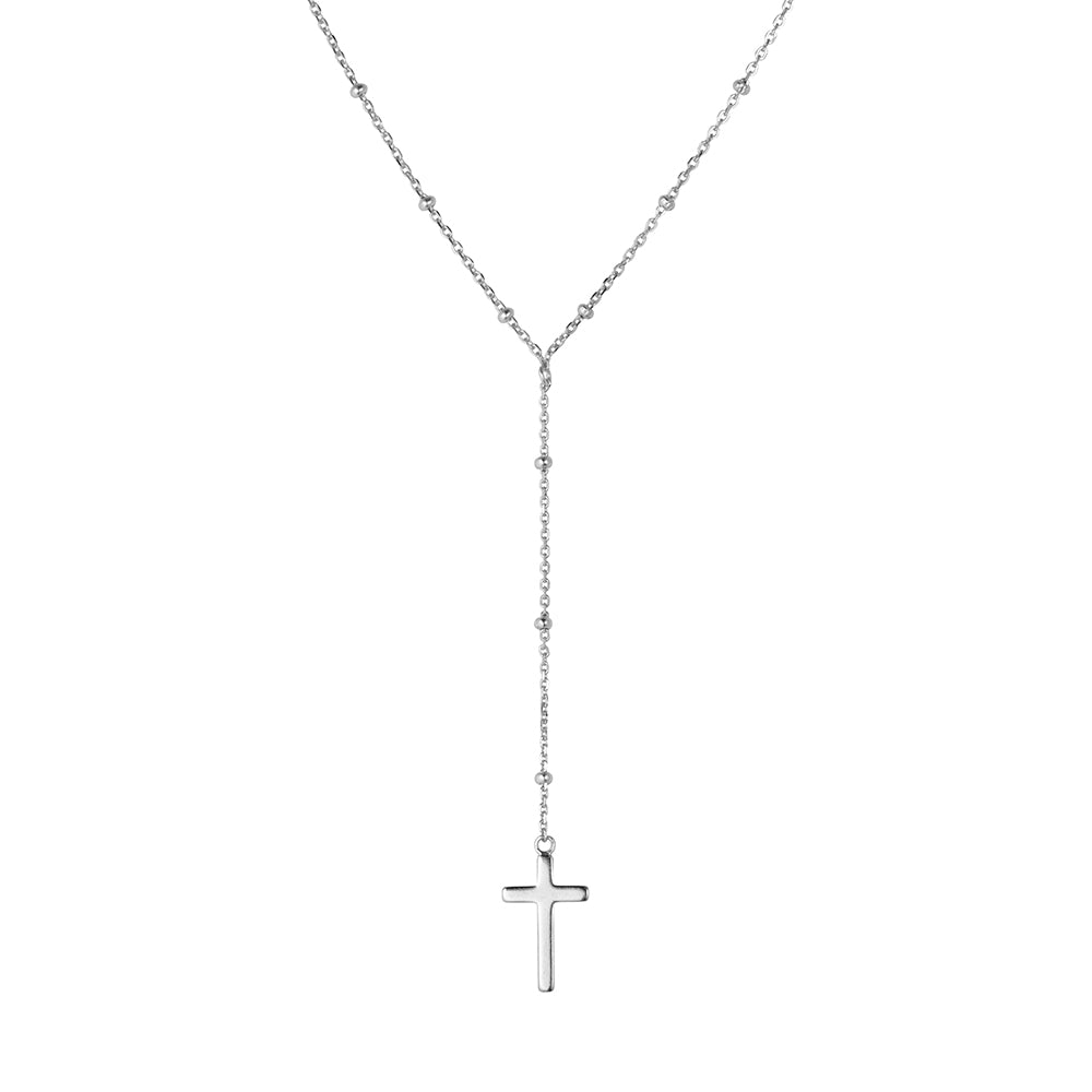 Sterling silver fine trace chain lariat necklace with petite rounded edge cross pendant