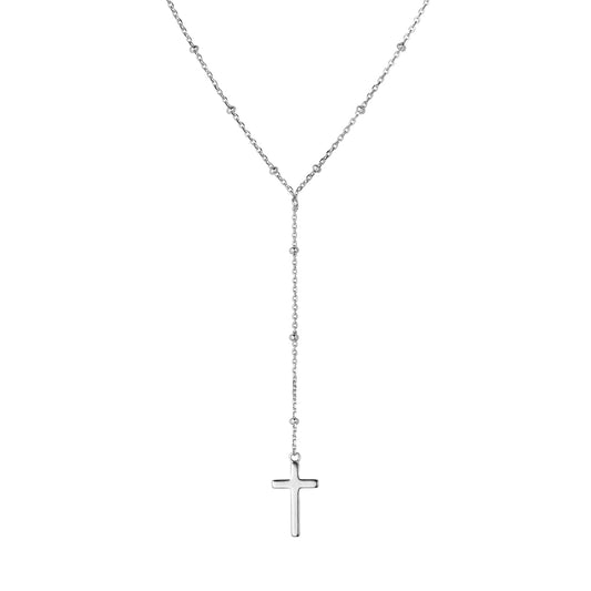 Sterling silver fine trace chain lariat necklace with petite rounded edge cross pendant