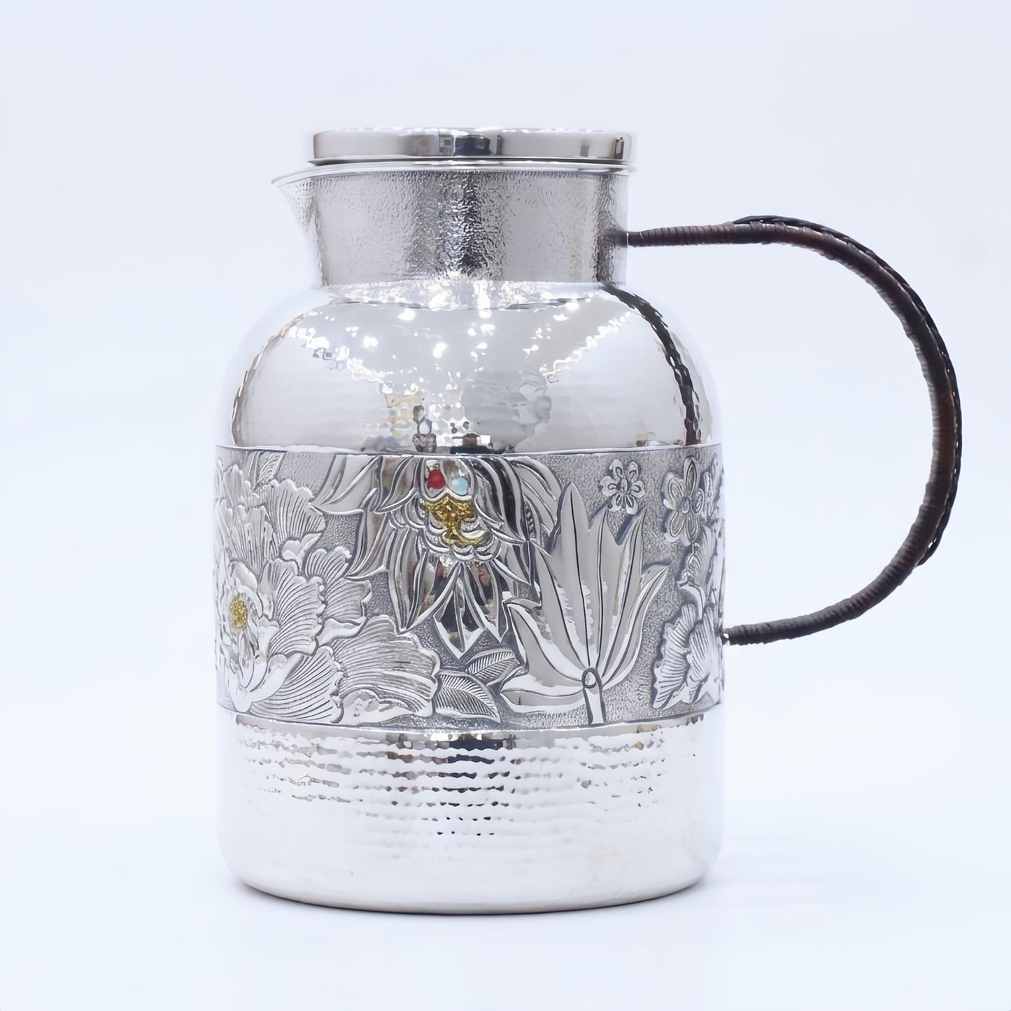 925 Sterling Silver Floral Engraved Pitcher with Rattan Handle