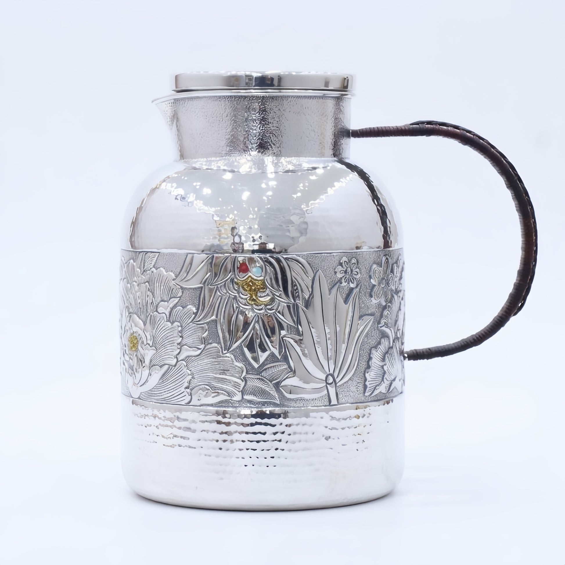 925 Sterling Silver Floral Engraved Pitcher with Rattan Handle