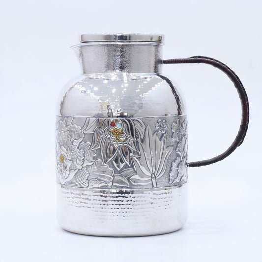 925 Sterling Silver Elegant Floral Engraved Pitcher with Hand-Wrapped Rattan Handle - Handicraft