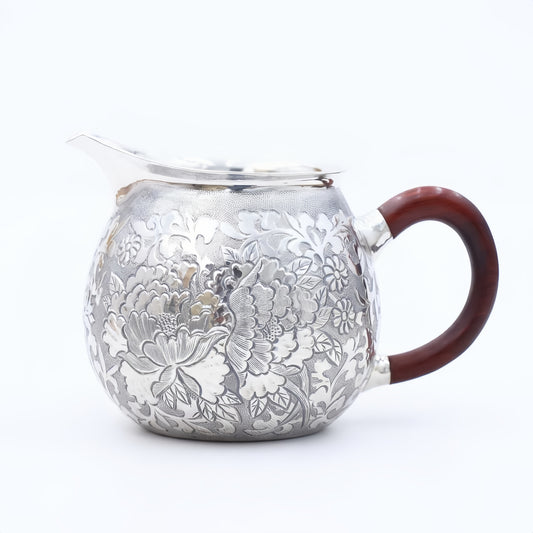 Pure 999 Fine Silver Handcrafted Pitcher with Ornate Floral Engravings and Polished Wooden Handle - Handicraft