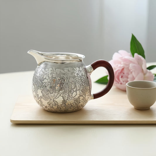 Pure 999 Fine Silver Handcrafted Pitcher with Ornate Floral Engravings and Polished Wooden Handle - Handicraft