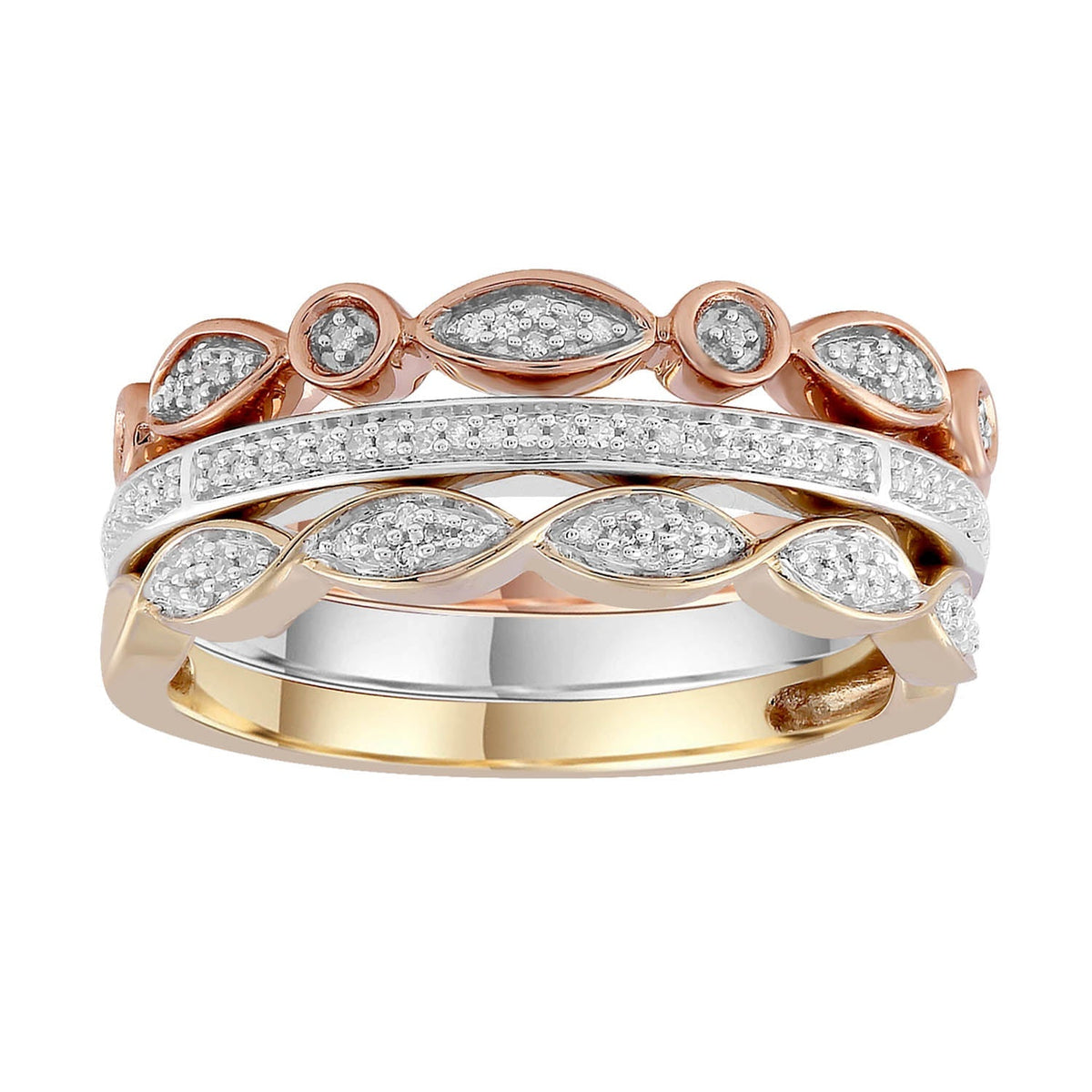 Tri colour diamond ring with 0.10ct diamonds in 9K gold
