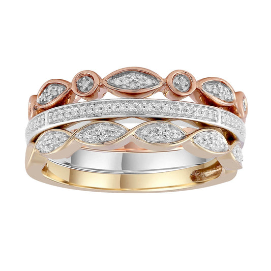 Tri colour diamond ring with 0.10ct diamonds in 9K gold