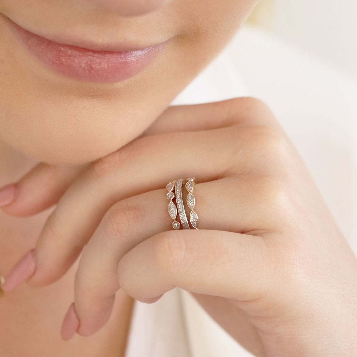 Tri colour diamond ring with 0.10ct diamonds in 9K gold — view 2