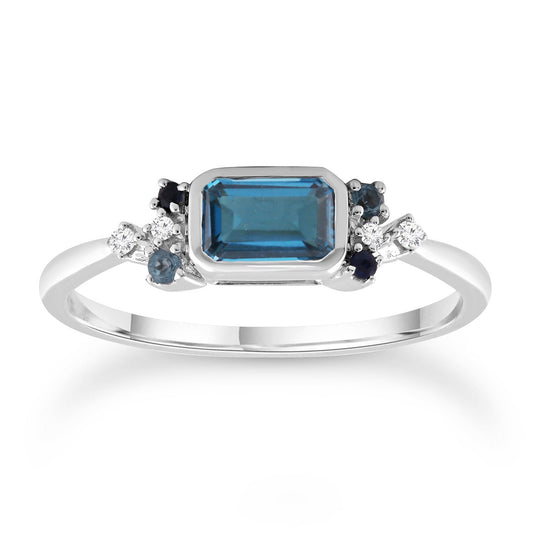 Blue topaz and diamond ring with 0.05ct diamonds in 9K white gold