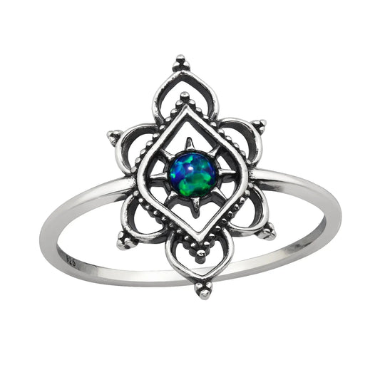 Filigree Sterling Silver Ring with Synthetic Opal