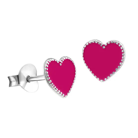 Silver Hot Pink Enamel Heart Studs