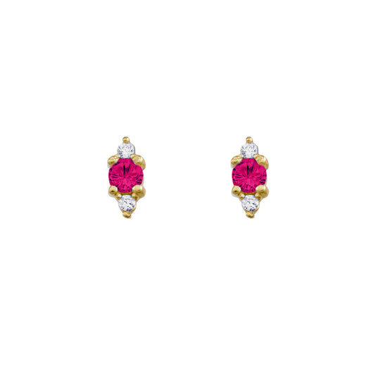 Sterling silver dainty stud earrings with feature ruby pink CZ and small CZ stones