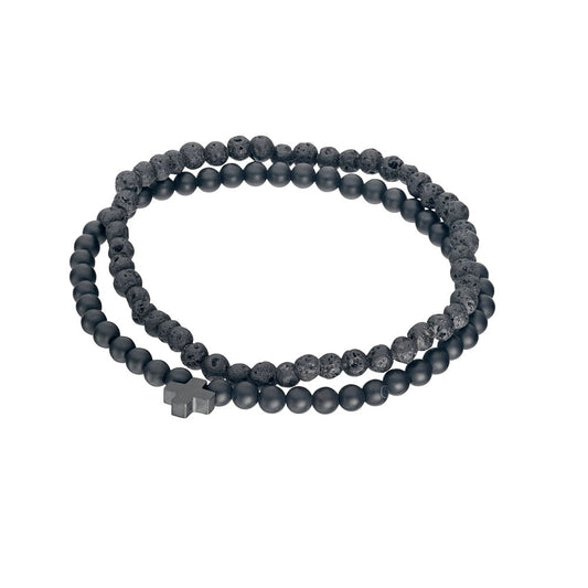SSB280 Blaze lava and matte onyx stone bracelet pair with matte black cross