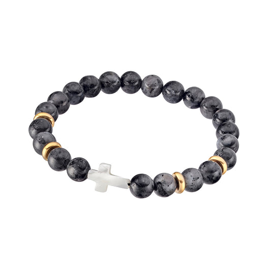 Blaze men’s snowstone bead bracelet with gold plated stainless steel and shell cross