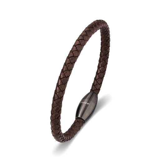 Blaze stainless steel men’s leather bangle with matte gunmetal magnetic clasp