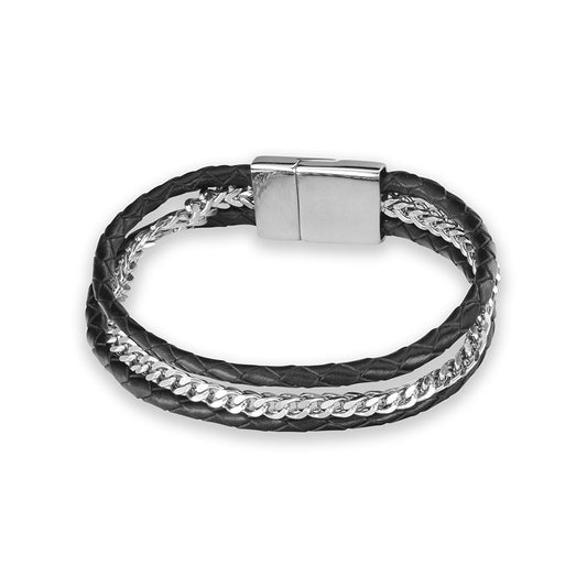 Blaze stainless steel leather bangle with steel chain and black clasp