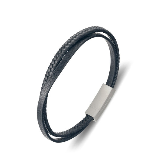 Blaze stainless steel men’s double strand black leather bangle with matte steel clasp