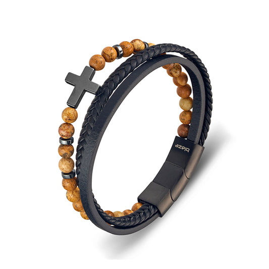 Blaze stainless steel men’s triple-strap leather bangle with bead bracelet and cross