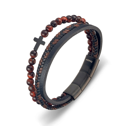 Blaze men’s red tiger eye bead and multi-strap leather bangle with matte black cross