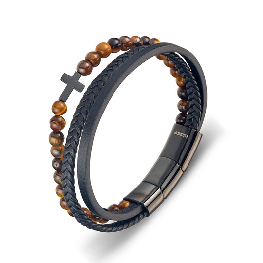 Blaze men’s yellow tiger eye bead and multi-strap leather bangle with shiny black cross