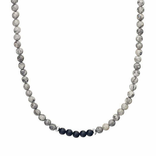 Blaze men’s grey jasper and black onyx bead necklace with stainless steel lobster clasp