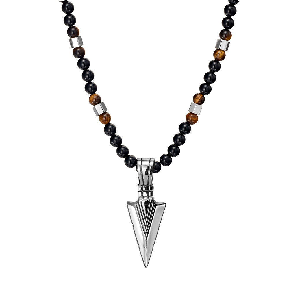 Blaze men’s stainless steel arrow pendant with black onyx and tiger eye bead necklace Giulia'secret